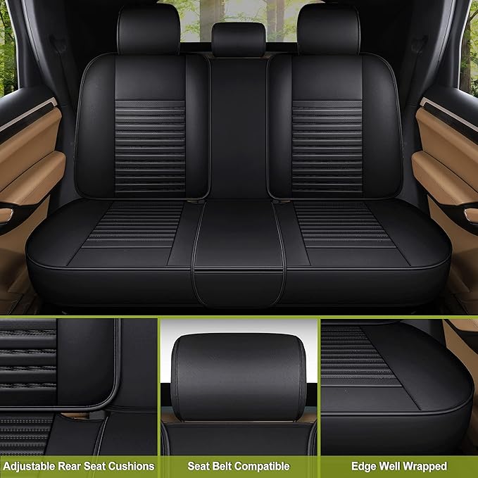 AOOG Leather Car Seat Covers, Leatherette Automotive Seat Covers for Cars SUV Pick-up Truck, Non-Slip Vehicle Car Seat Covers Universal Fit Set for Auto Interior Accessories, Full Set, Black.