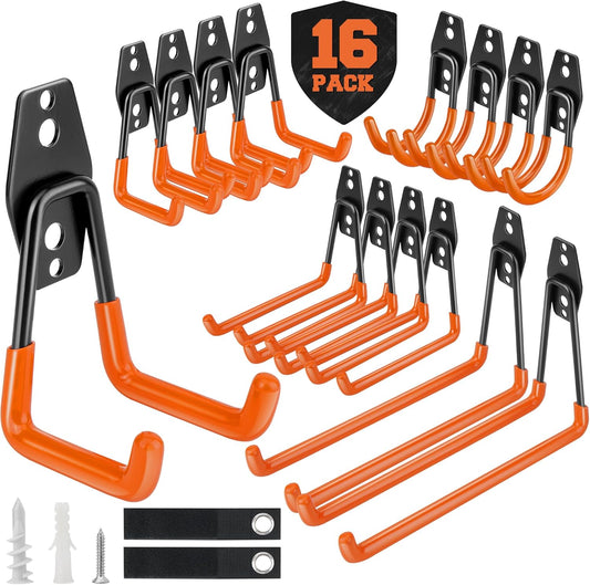 Nacial 16 Pack Garage Hooks Heavy Duty, Utility Steel Garage Storage Hook with 2 Extension Cord Storage Straps, Utility Garage Wall Mount Hooks for Hanging Bike, Ladder and Garden Tools, Orange