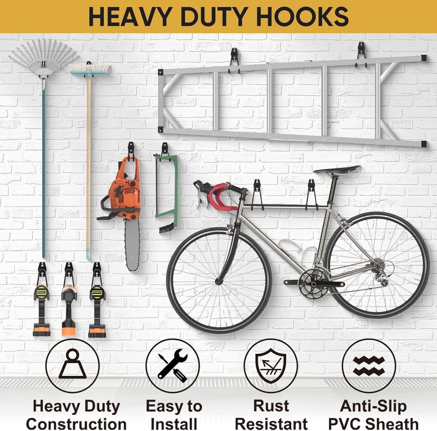 TICONN 2 Pack Heavy Duty Garage Hooks, Steel Utility Wall Storage Hooks, Wall Mount Hanger Organizer for Ladders, Bikes, Tools, Bulky Items (Small, Yellow Circular)