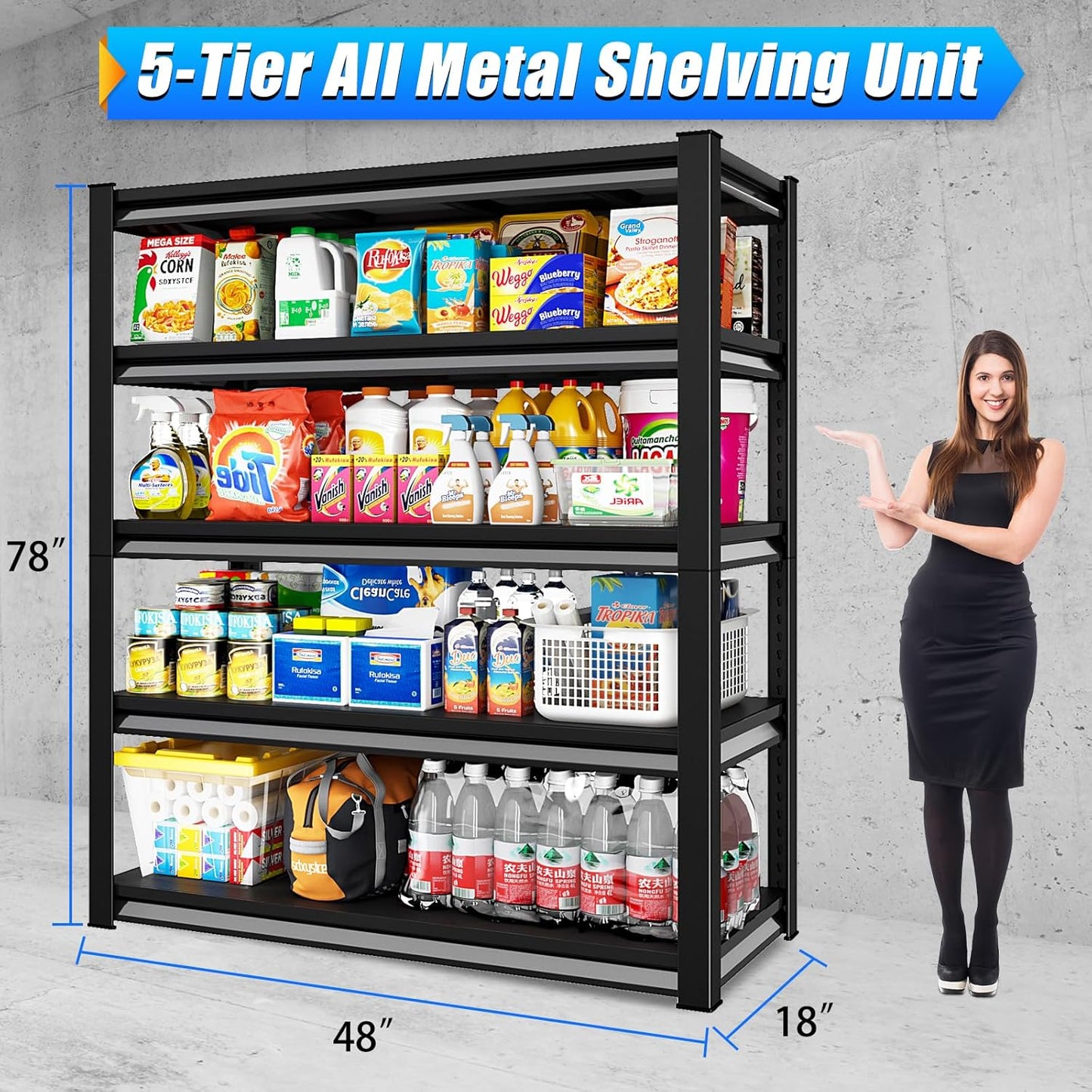 48" W Garage Shelving Heavy Duty，2800LBS Loads Adjustable Garage Storage Shelves,5-Tier Metal Storage Racks and Shelving Units, Utility Rack Shelves,48”W x 18”D x 78”H,Black