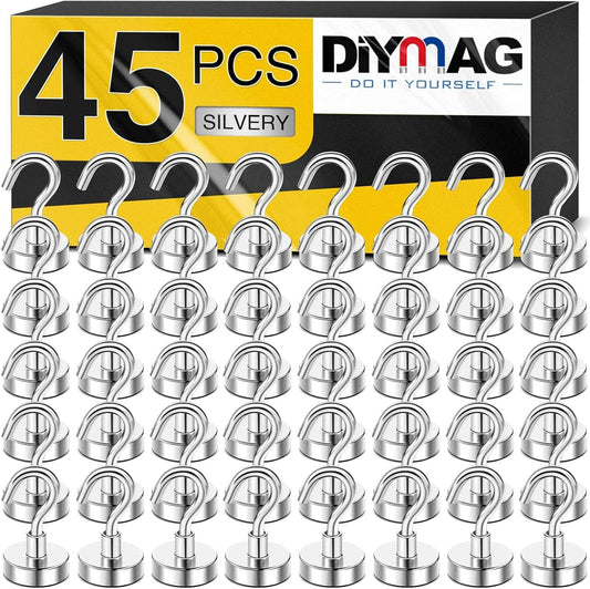DIYMAG Magnetic Hooks for Refrigerator, Extra Strong Cruise Hook, Heavy Duty Earth Magnets with Hook for Hanging, Magnetic Hanger for Cabins, Grill (45P-Silver)