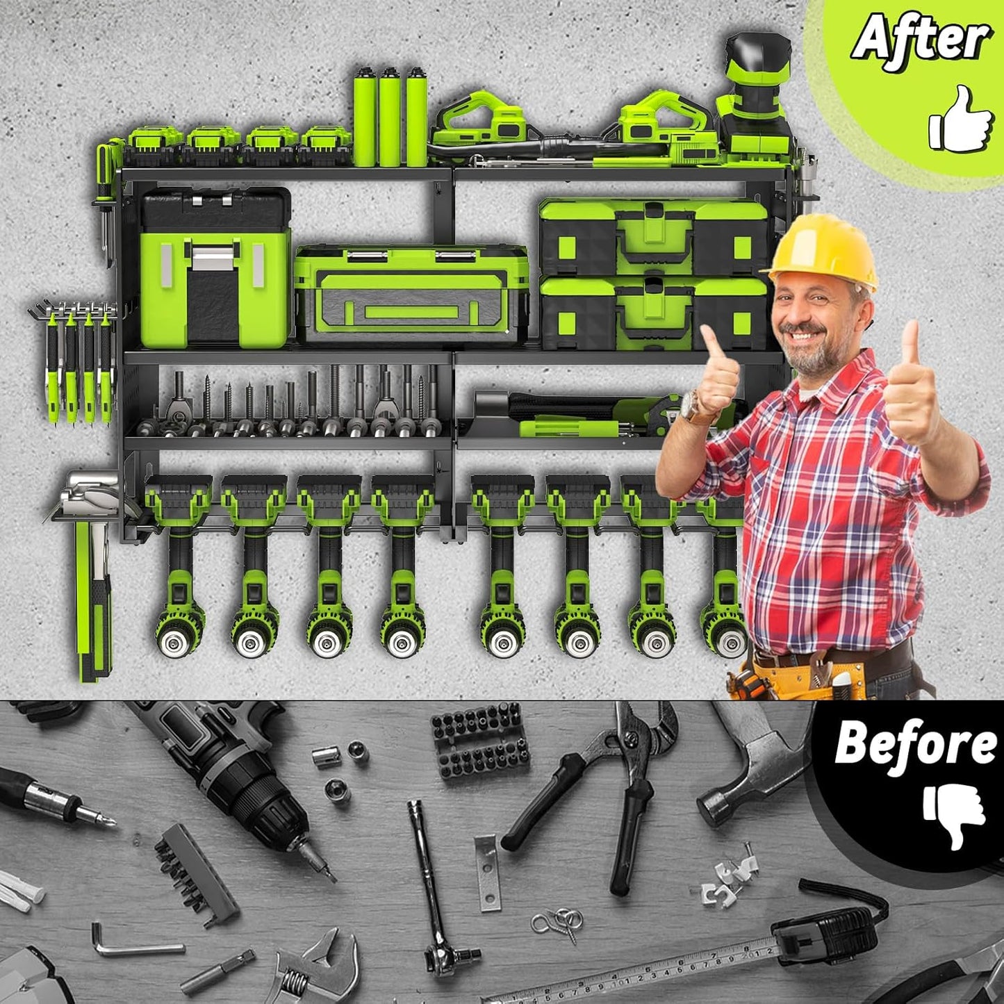 Power Tool Organizer Wall Mount,Heavy Duty Metal 4 Layer 8 Slots Drill Holder,Garage Cordless Storage Rack with Screwdriver Plier Hammer Holder for Workshop Carport Basement