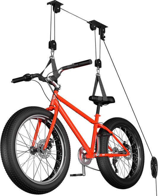 Bike Hoist, Heavy Duty Bike Pulley System for Garage Ceiling Bicycle Hanger, Bike Lift Overhead Storage Holds Up to 85 lbs Capacity, Fit 10-16 Foot Ceilings, Black