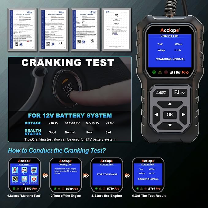 BT60 Pro Car Battery Tester, Digital Analyzer with Cloud Printing, 6V/12V/24V Battery Checker for AGM, Lithium, Gel Batteries, 100-3000 CCA Range, Automotive Charging System