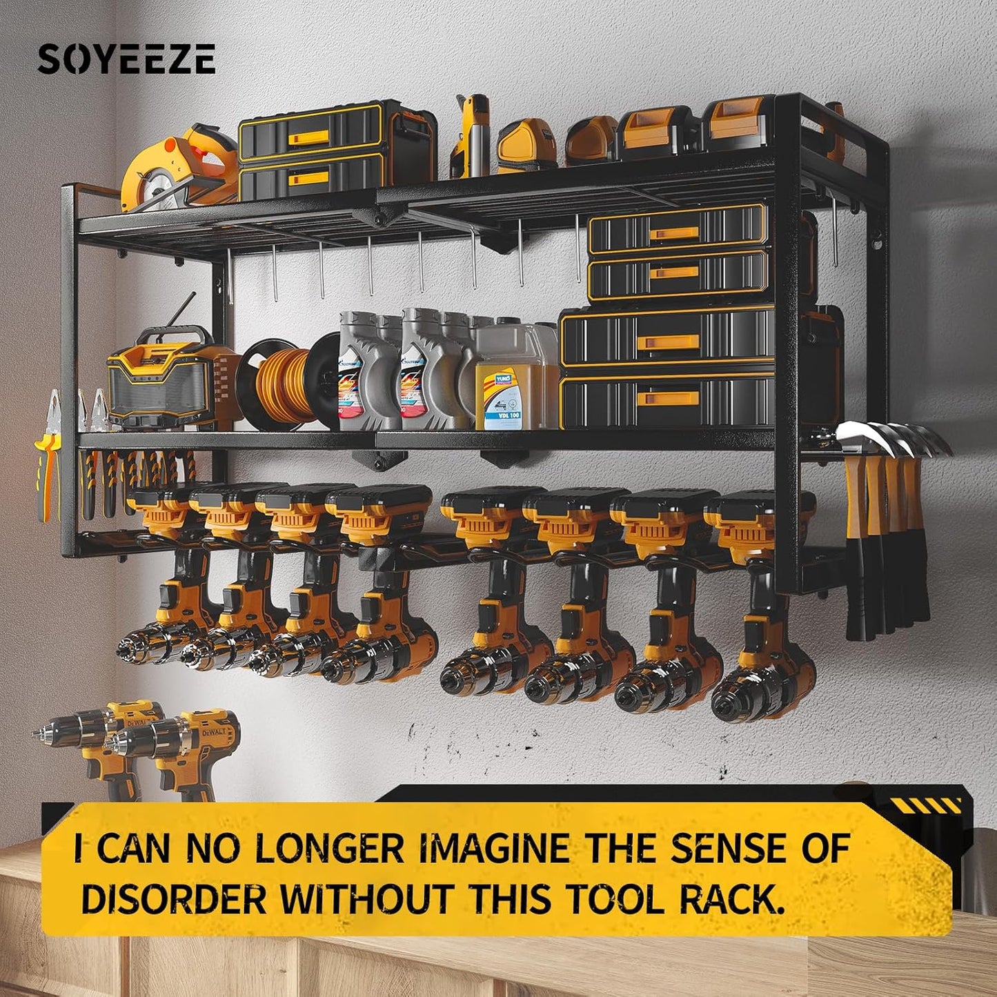 SOYEEZE Power Tool Organizer - 8 Drill & Screwdriver Wall Mount, 3 Layer Storage Rack with Hammer & Plier Holder