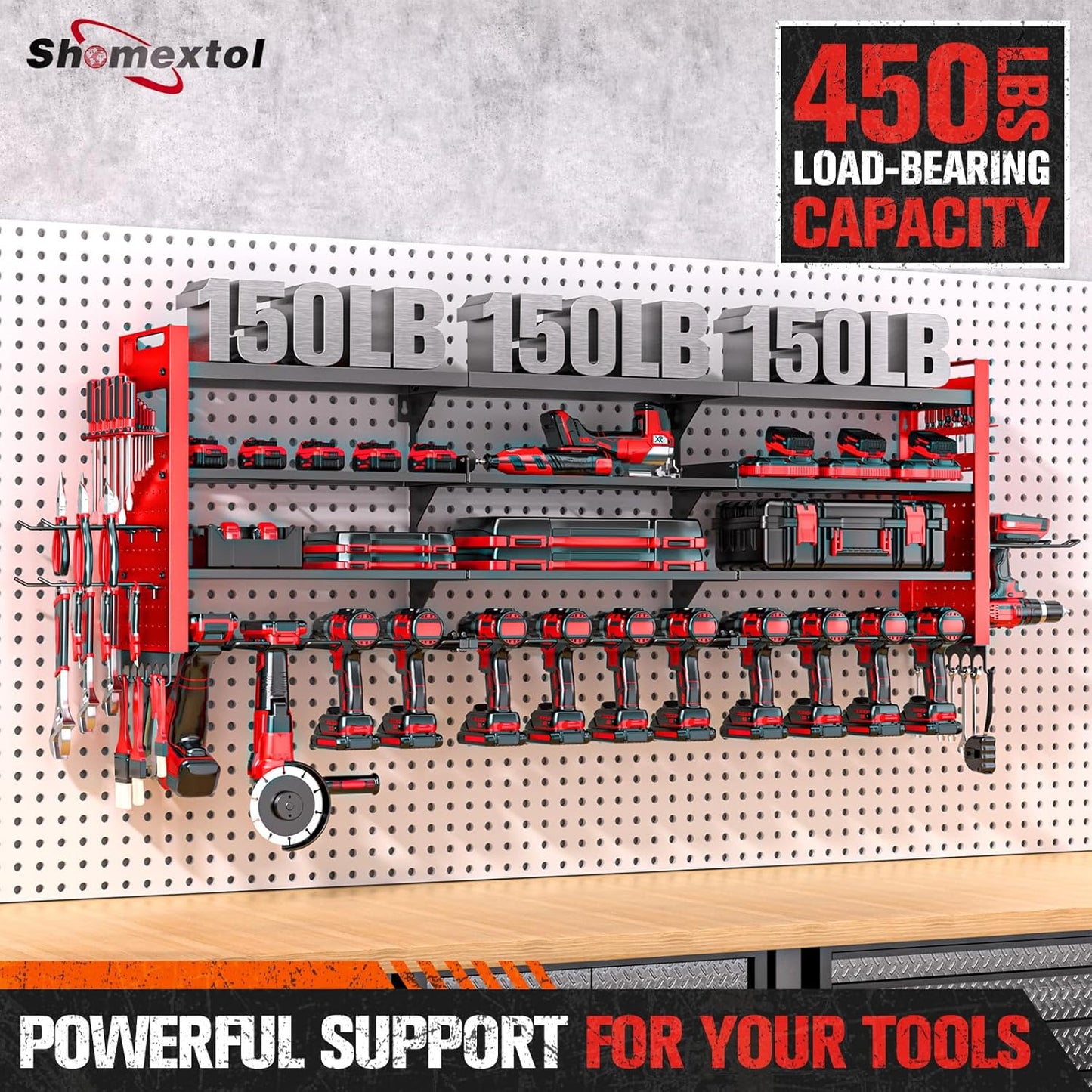 49.8" W Large Power Tool Organizer Wall Mount, Heavy Duty Tool Organizer with 14 cordless Drill Holder, 4 Layers Garage Organization and Storage Rack, Tool Rack for Garage Workshop, Red