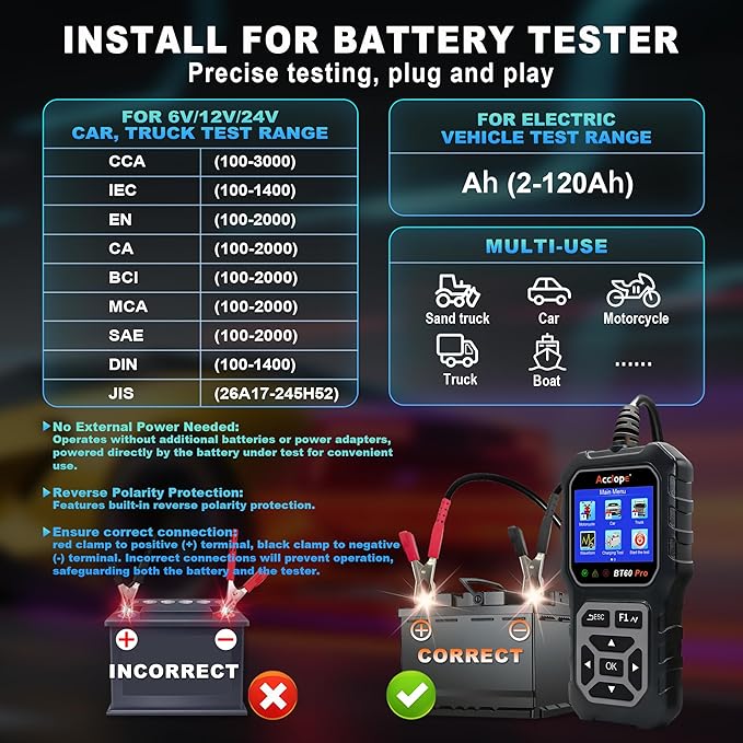 BT60 Pro Car Battery Tester, Digital Analyzer with Cloud Printing, 6V/12V/24V Battery Checker for AGM, Lithium, Gel Batteries, 100-3000 CCA Range, Automotive Charging System
