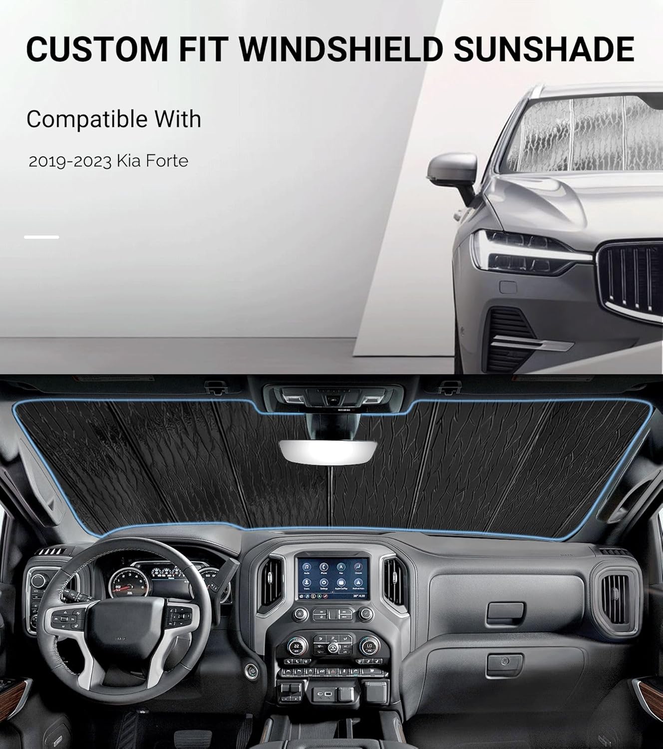 Windshield Sun Shade for Kia Forte 2019-2024,Front Window Sunshade Shield, 2-in-1 Reflective Sun Shade,Silver for Summer, Black for Winter