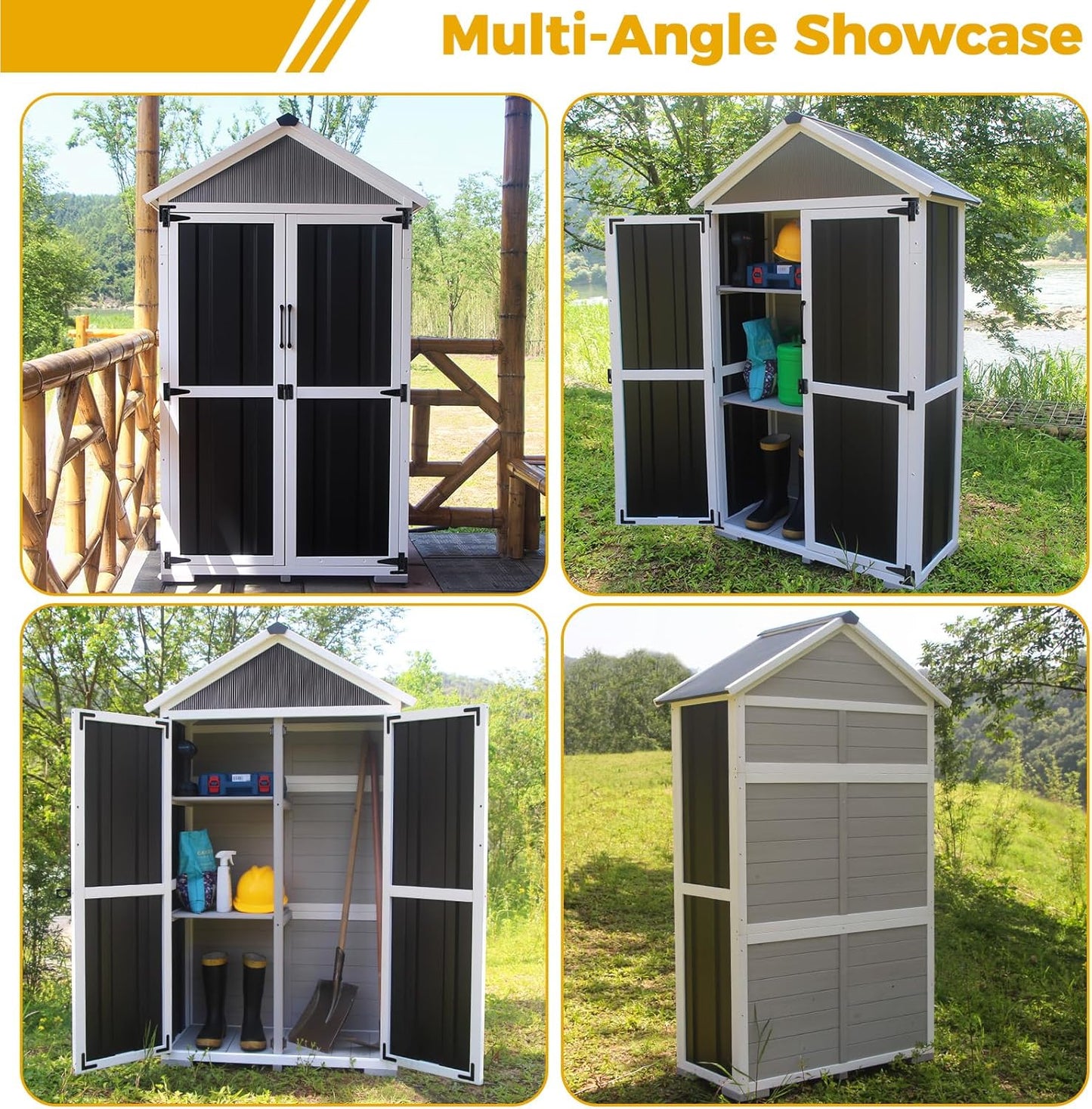 Outdoor Storage shed Small Storage shed with Floor Wooden Frame Lockable Metal Door Adjustable Shelves Cabinets Waterproof Large Capacity Storage Tool Cabinet Box for Backyard Garden Patio Lawn