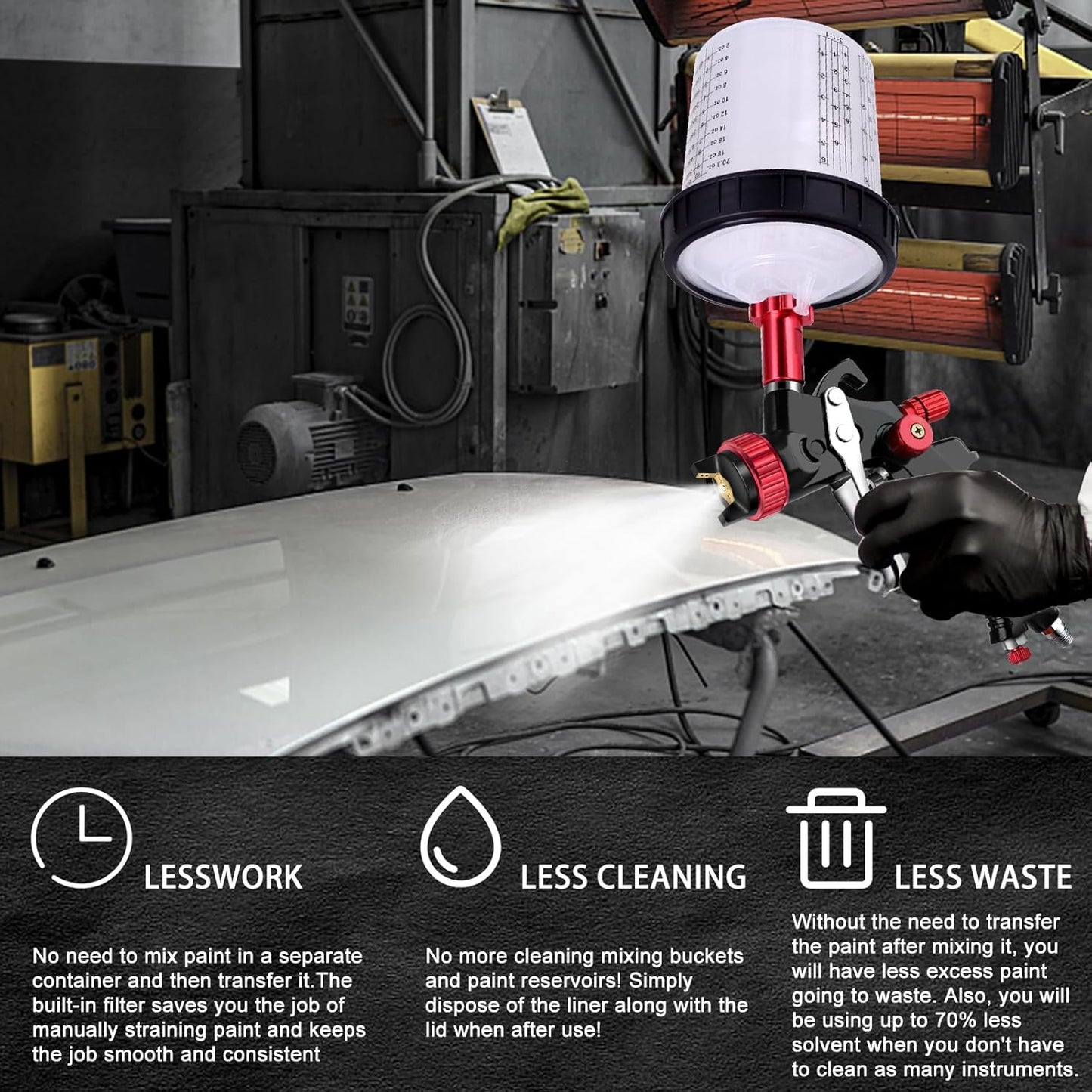 Disposable Paint Mixing Cup 20 Ounce (600ml) Kit,HVLP Paint Sprayer Gun Mixing Cups with 50 Cups and Lids System, 10 Plugs and 1 Hard Cup with Retainer Ring, 2 Cup Adapter,Paint Stirrer (50)