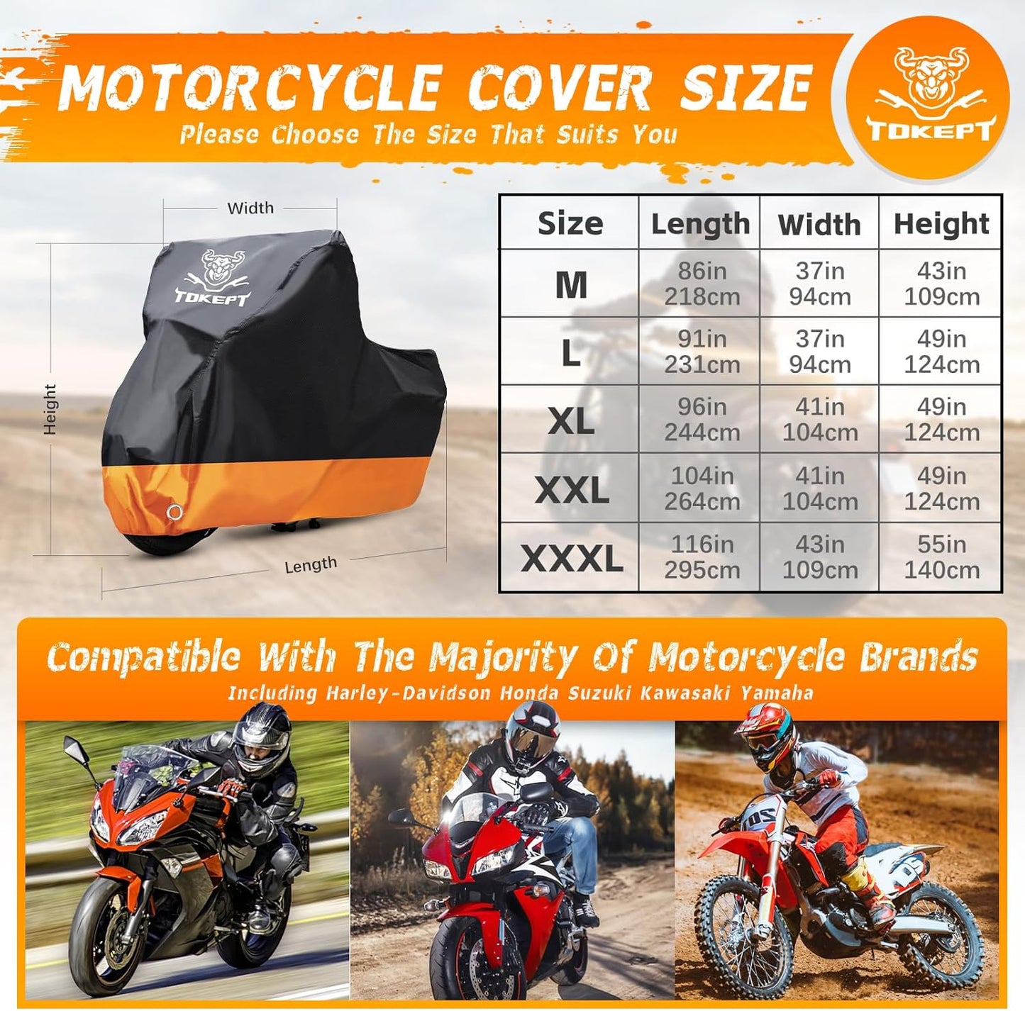 Motorcycle Cover, All-Season Waterproof Outdoor Sun Protection Fit up to 96 Inch Harley-Davidson Honda Suzuki Kawasaki Yamaha (XL Black&Orange)