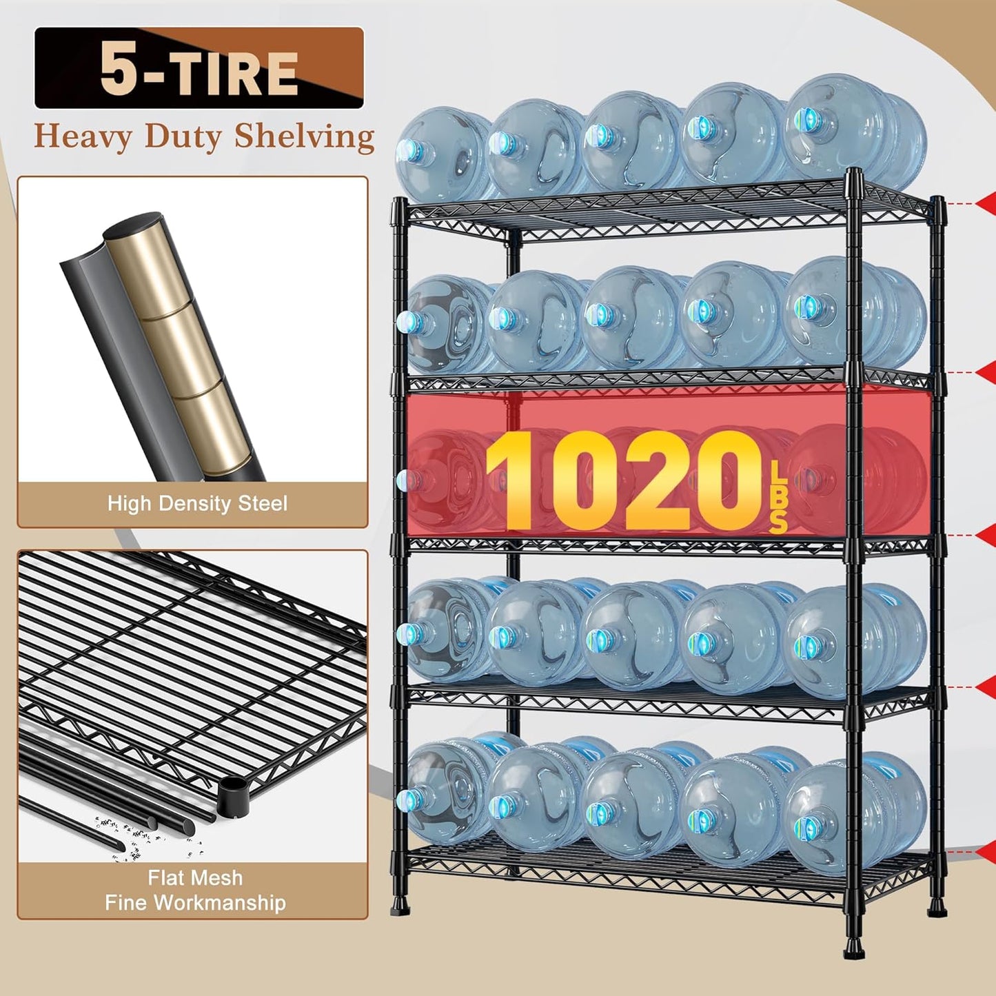 REIBII 5-Tier Wire Shelving Rack Storage Shelves Metal Shelves,1020 LBS Adjustable Heavy Duty Metal Shelving Units and Storage for Garage Pantry Bathroom 29" W X 14" D X 63" H