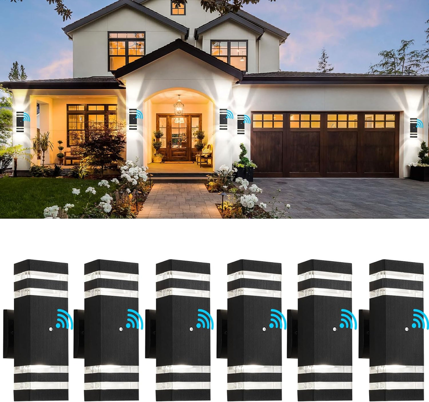 tewei 6 Pack Dusk to Dawn Outdoor Lighting, Modern Black Exterior Light Fixtures 2-Layer Up and Down Outside Wall Lights IP65 Waterproof Outdoor Sconces Lighting for Porch Garage, 3000K