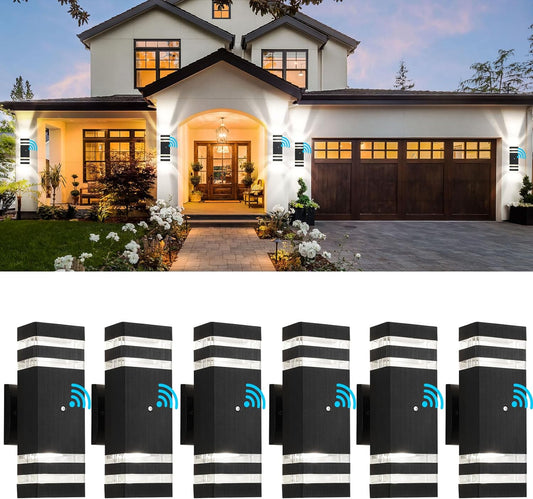 tewei 6 Pack Dusk to Dawn Outdoor Lighting, Modern Black Exterior Light Fixtures 2-Layer Up and Down Outside Wall Lights IP65 Waterproof Outdoor Sconces Lighting for Porch Garage, 3000K