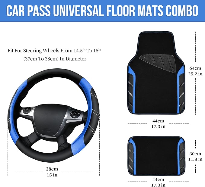 CAR PASS Leather Steering Wheel Cover and Waterproof Car Floor Mats,Microfiber Universal Car Combo Fit for 95% Sedan,SUV,Cars,14.5-15inch Sporty Anti-Slip Safety Comfortable Design(Black＆Blue)
