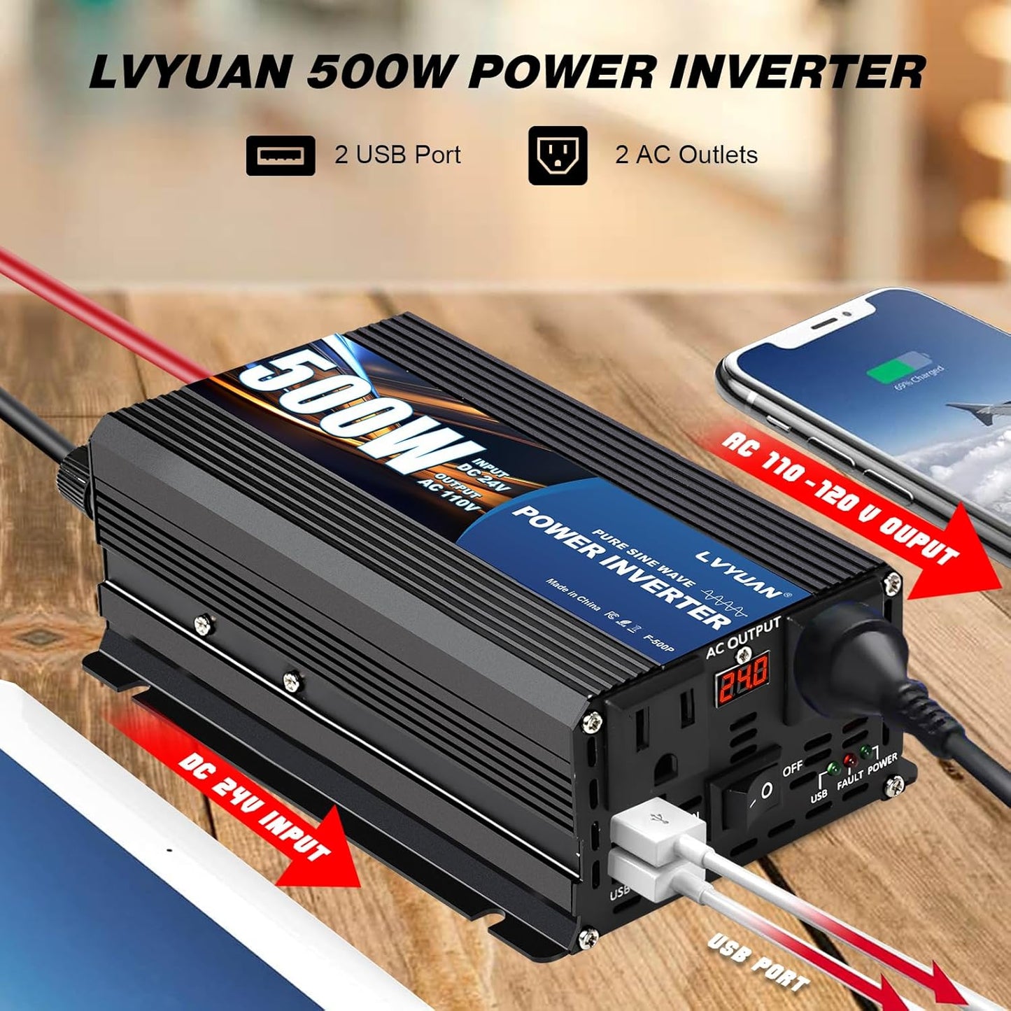 LVYUAN 500 Watt Pure Sine Wave Power Inverter 24V to 110V/120V DC to AC Converter with Dual Sockets, Dual USB Ports, LED Display for Home Outdoor RV Car Power Inverter Power Adapter