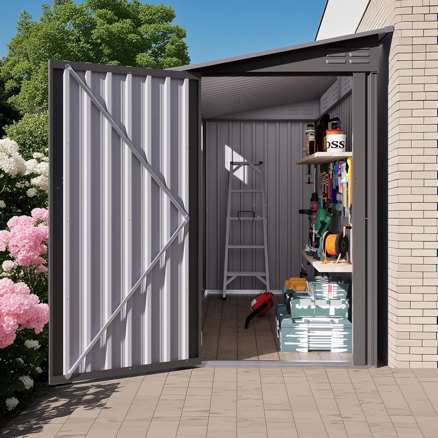 4x9 FT Outdoor Storage Shed,Lean to Metal Shed W/Window,All Weather Waterproof Garden Storage Shed W/ 6 Air Vents & 1 Lockable Door,Weatherproof Tool House W/Sloped Roof,for Lawn,Gray