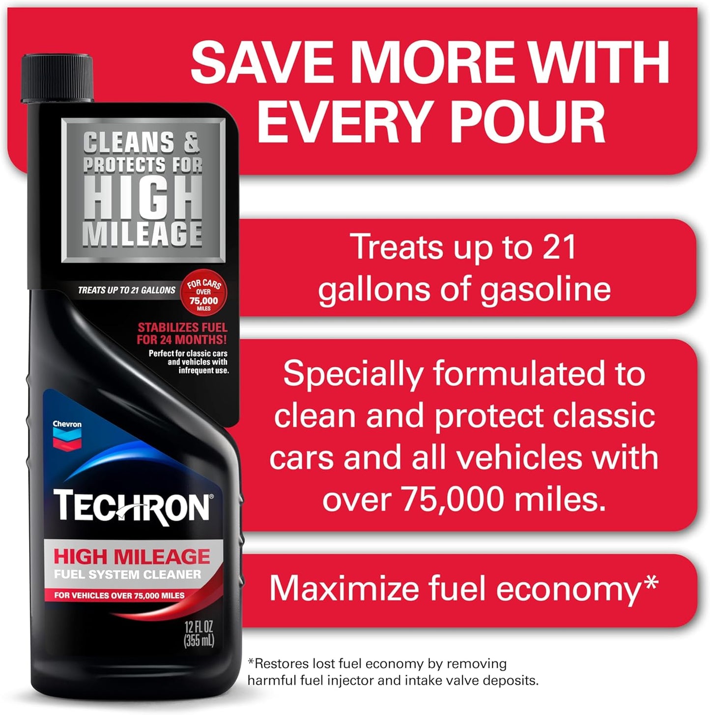 Chevron Techron High Mileage Fuel System Cleaner, 12 oz, Pack of 1