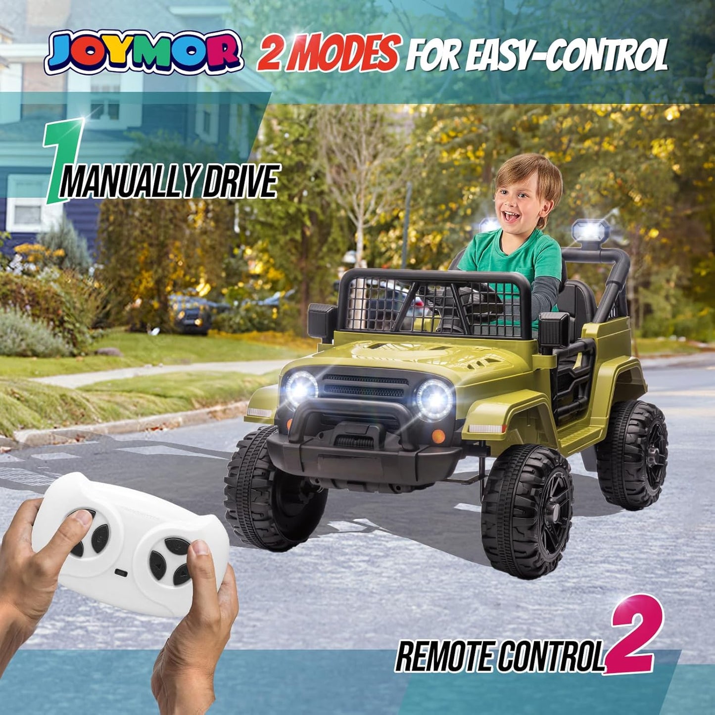 JOYMOR 12V Kids Ride on Truck with Remote Control, 4 Wheels Battery Powered Kids Car, Electric Play Car with LED Lights/Horn/Remote and Manual Control/3-5 MPH Speed/Gift for Girl Boy (Green)