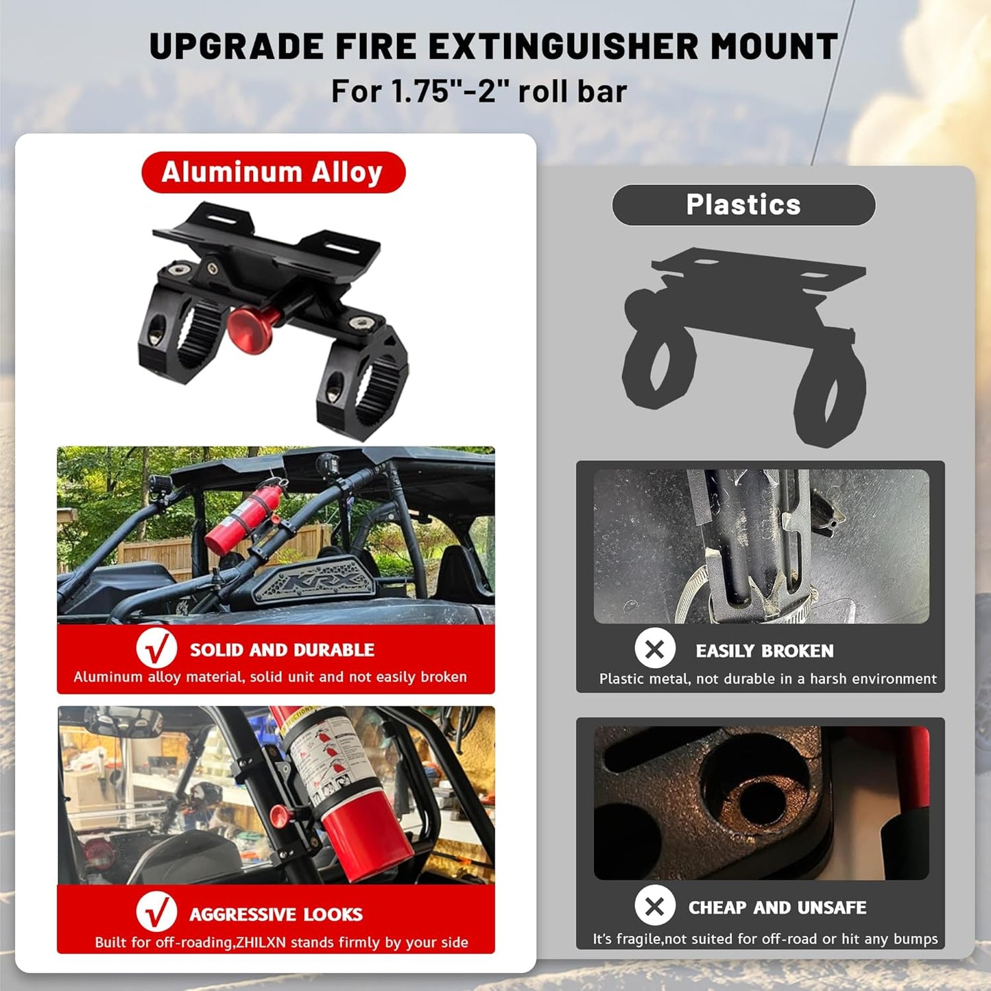 UTV Fire Extinguisher Mount Kit - Adjustable Quick Release Roll Bar Car Fire Extinguisher Bracket Holder for 1.75-2in Roll Bar ATV UTV Polaris RZR SXS Ranger Camper Jeep Can-Am Durable Aluminum Alloy