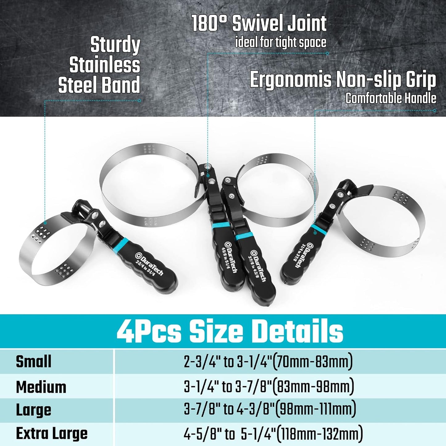 DURATECH 8-Piece Oil Filter Swivel Wrench Set, Wrenches Cover 2-3/4" to 5-1/4", 9" & 12" Adjustable Oil Filter Pliers, Universal 3-Jaw Removal Tool with 1/2" to 3/8" Adapter, Organized in Storage Case