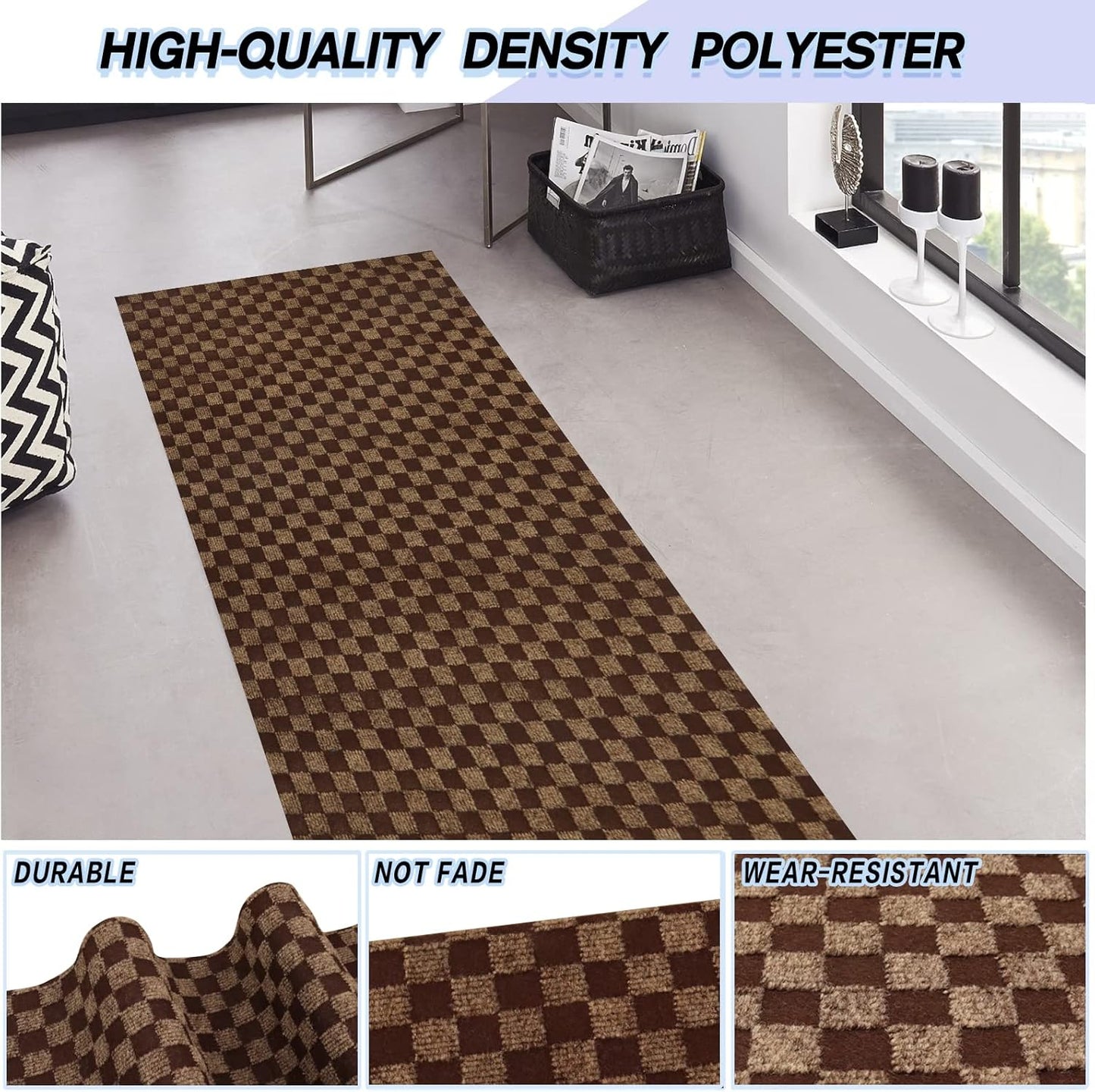 Custom Size Backed Non-Slip Area Rugs Runner, Easy Clean, Waterproof Runner Rugs for Hallway Entryway, Kitchen, Laundry, 4FT x 40FT, Brown Checkered