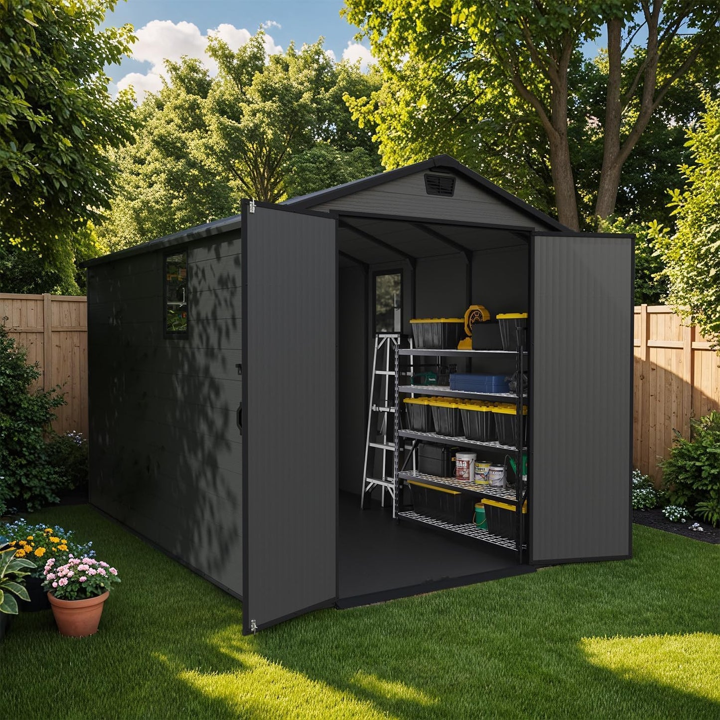 Patiowell 6x10 FT Outdoor Plastic Storage Shed with Floor - Lockable Resin Tool Shed, 2 Windows, Easy Assembly for Garden/Backyard (Dark Grey)
