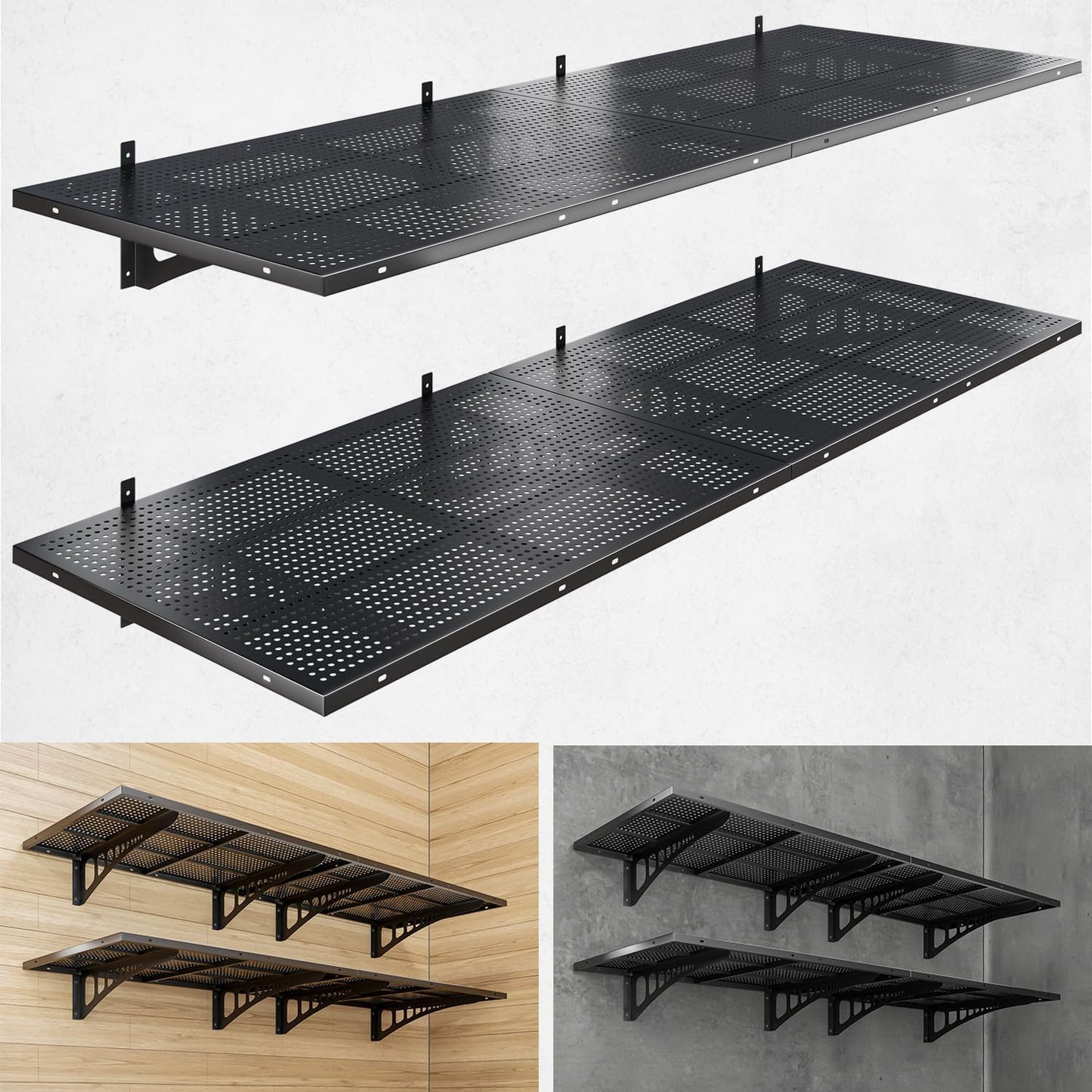 4-Pack 2x3ft Heavy Duty Garage Wall Shelving, 1000 lbs Load Capacity, Garage Shelving Wall Mounted, Garage Storage Rack with Hooks, Black