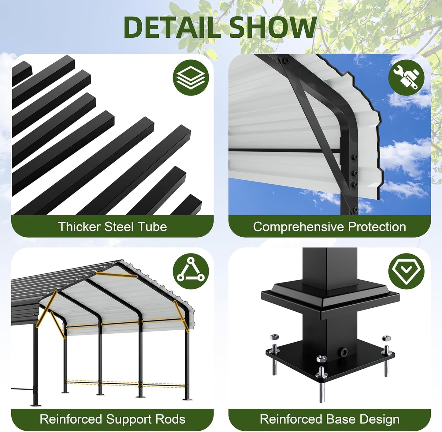 JAMFLY Carport, 12X15 FT Metal Carport, Heavy Duty Carport Canopy with Galvanized Steel Roof and Frame, Metal Car Garage Upgraded Extra Large Garage for Pickup, Boat, Car and Tractors