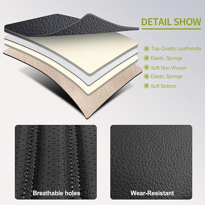 AOOG Leather Car Seat Covers, Leatherette Automotive Seat Covers for Cars SUV Pick-up Truck, Non-Slip Vehicle Car Seat Covers Universal Fit Set for Auto Interior Accessories, Full Set, Black.