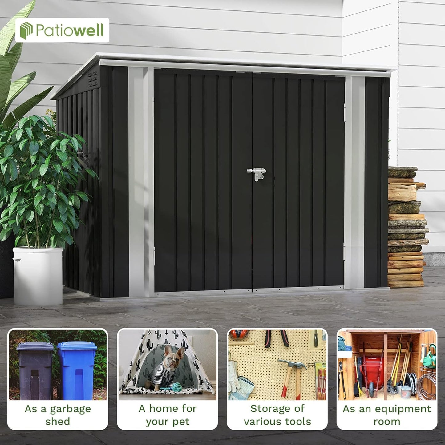 Patiowell 6 x 3 FT Horizontal Metal Shed, Outdoor Storage Shed with Double Lockable Doors and Easy Lift Hinges for Trash Cans, Garden Tools and Pool Accessories, Sloping Roof for Backyard Garden Lawn
