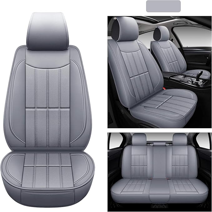 AOOG Leather Car Seat Covers, Leatherette Automotive Vehicle Cover for Cars SUV Pick-up Truck, Universal Non-Slip Vehicle Cover Waterproof Interior Accessories, Full Set, Gray