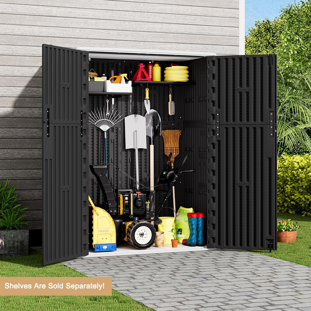KINYING Outdoor Storage Cabinet Waterproof, 57 Cu.ft Resin Vertical Outdoor Storage Shed for Patio Furniture, Garden Tools, Pool Accessories, Mower Storage (Black)