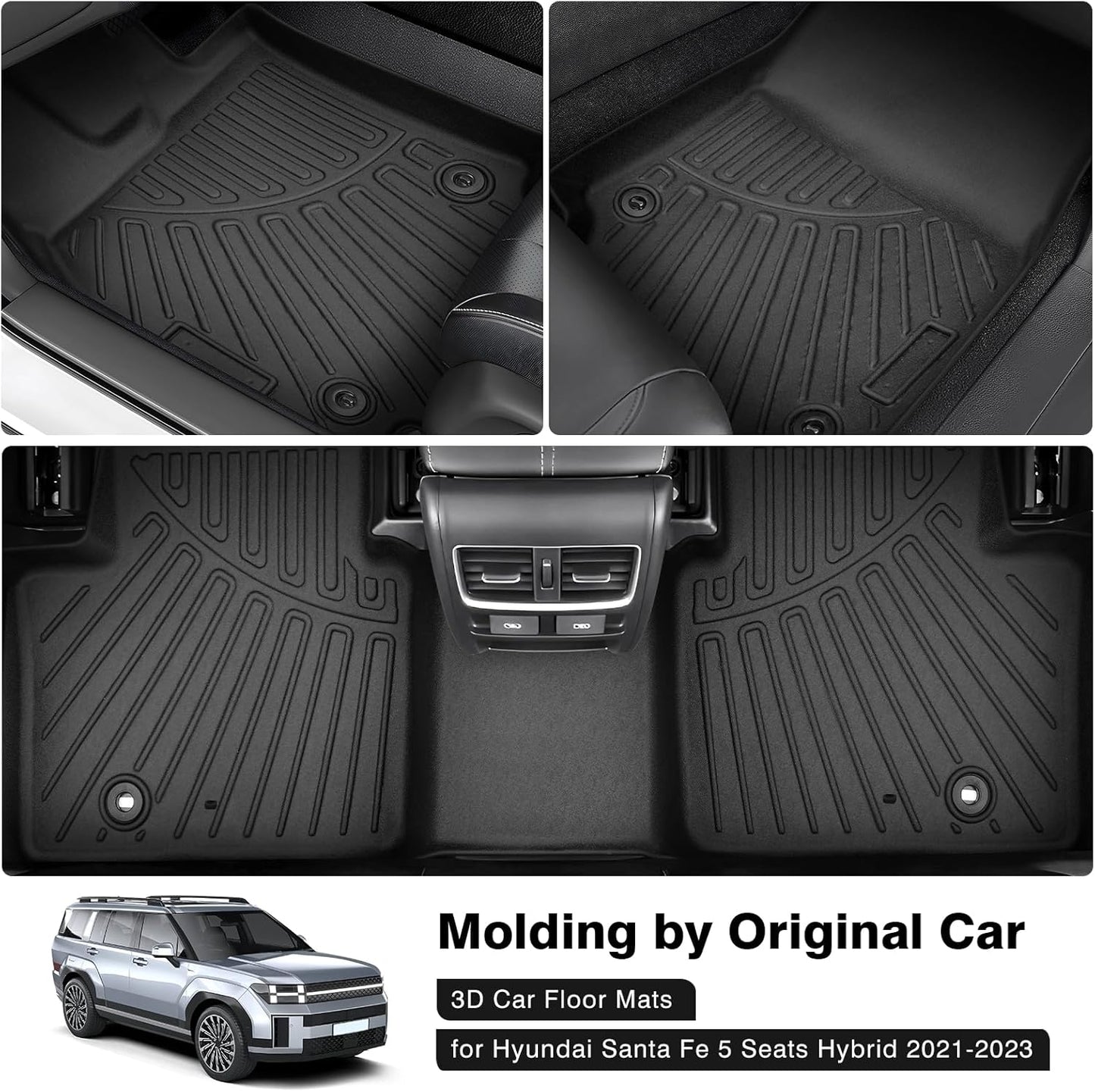 Powerty Floor Mats for 2021-2023 Hyundai Santa Fe 5 Seats (ONLY Hybrid), Custom Fit for Hyundai Santa Fe Accessories, 3D TPE All Weather Car Mats 1st & 2nd Row Heavy-Duty Floor Liners
