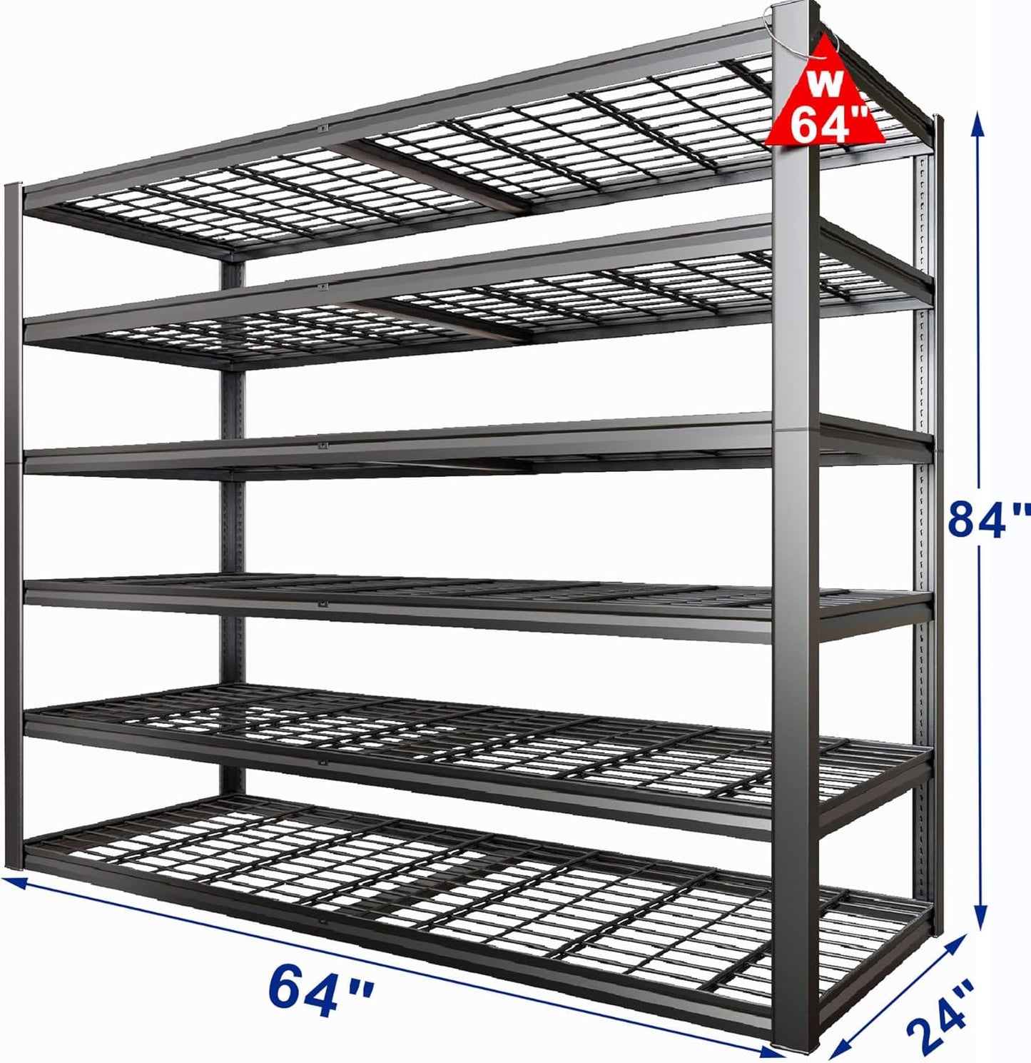 64" Wide 6-Tier Garage Shelving Unit, 64" W x 24" D x 84" H, Heavy Duty Garage Storage Shelves,3900 LBS Capacity, Industrial Adjustable Shelves for Basement Warehouse