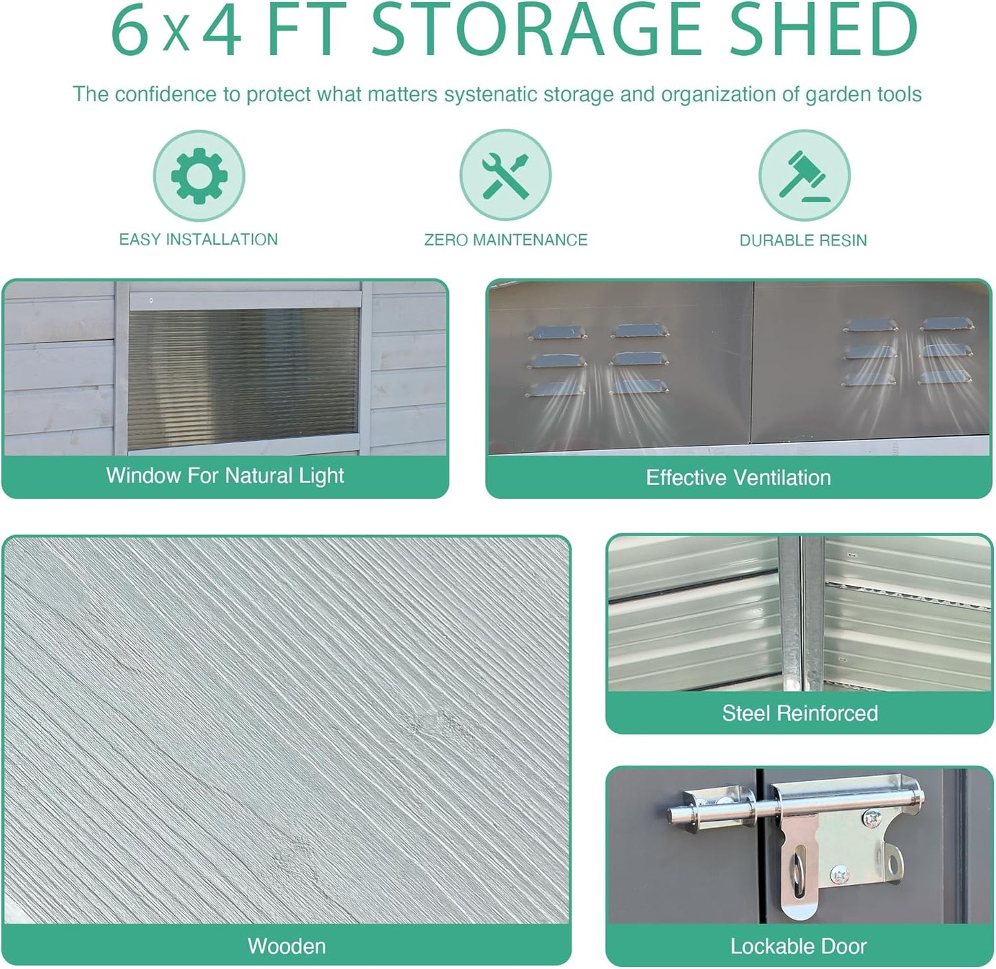 4x6 FT Outdoor Storage Shed with Windows, Wood & Metal Garden Shed, Small Outside Storage Shed Waterproof for Backyard, Garden, Patio, 4 Vents (Without Floor) Gray