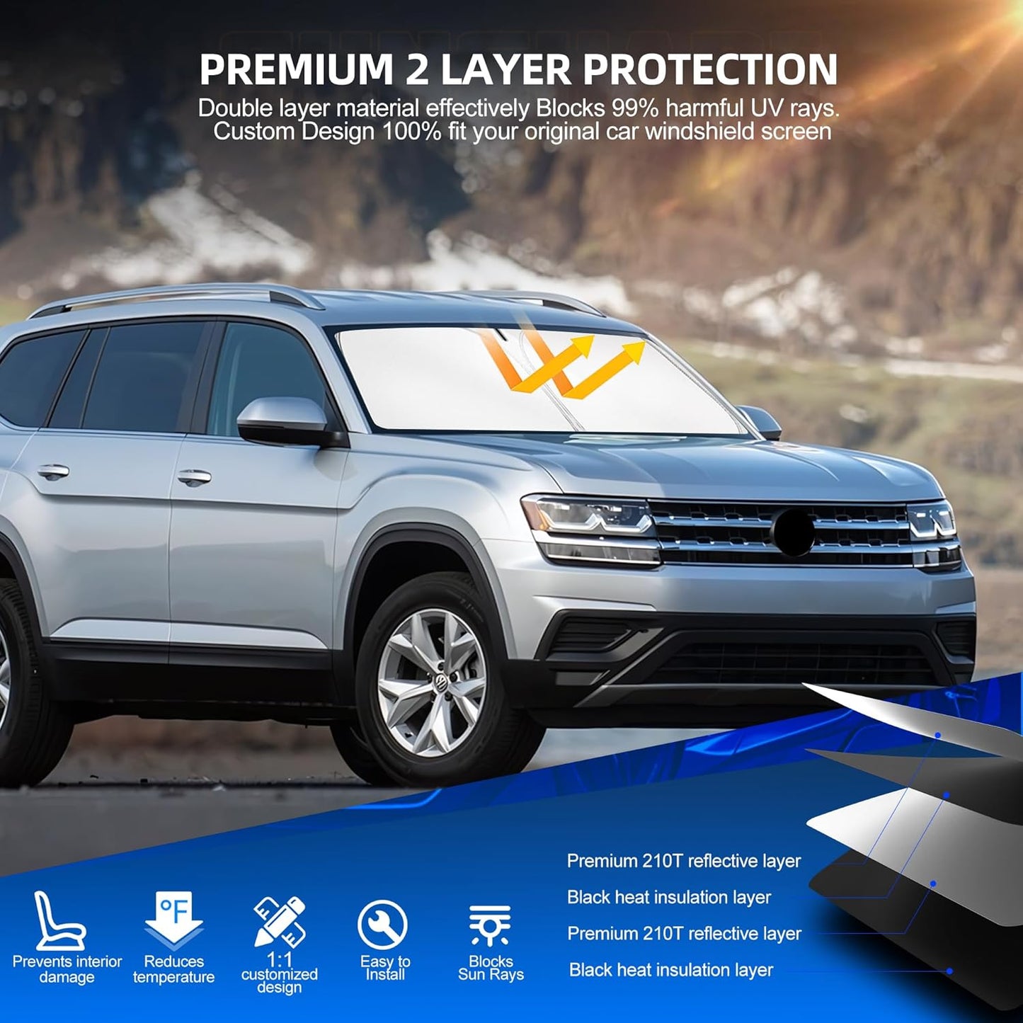 Windshield Sun Shade for Volkswagen VW Atlas 2018-2025 Foldable Sunshade Custom Fit Front Window Car Interior Accessories Protector Blocks UV Rays