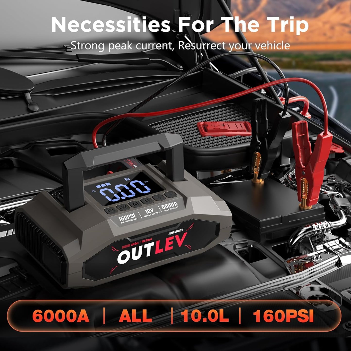 Jump Starter with Air Compressor (6000A 160PSI) - All-in-One Portable Jump Starter for Cars, Trucks, RV, Boat - Fast Charging, Safety Protection, Essential for Road Trips & Emergencies