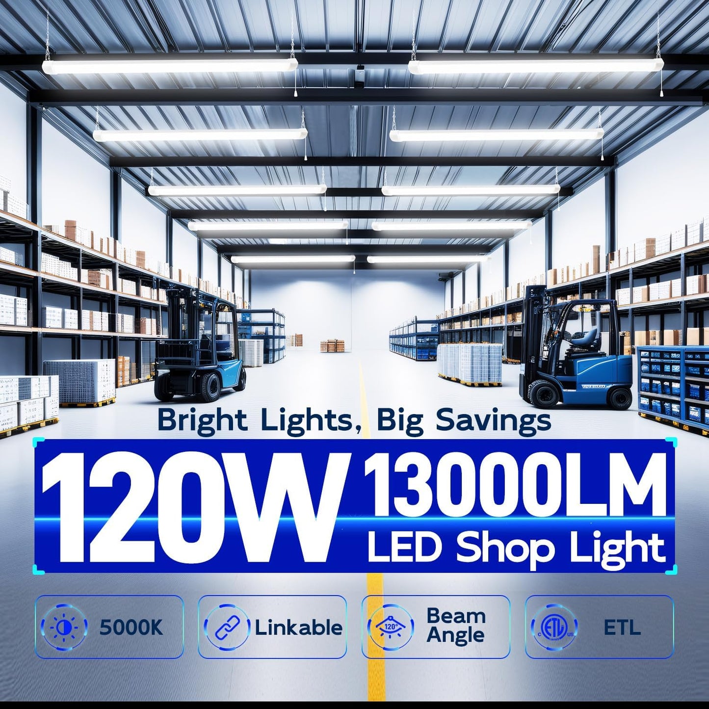 hykolity 4FT 120W LED Shop Light Linkable, 13000lm(400w Equivalent), 5000K Utility Shop Lights for Garages, Workshops, Basements, Hanging or Flush Mount, with Power Cord and Pull Chain, ETL, 4 Pack