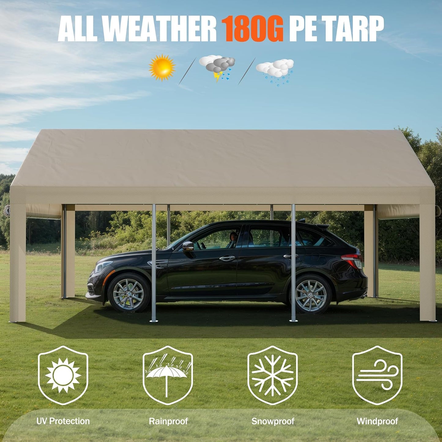 JAMFLY Carport, 10x20 ft Heavy Duty Carport with Roll-up Windows, Portable Garage with Removable Sidewalls & Doors, Car Canopy with Sandbags and All-Season Tarp for Car Boat Truck Motorcycle, Khaki