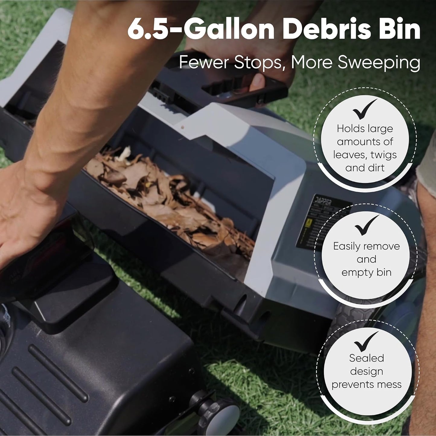 Battery Powered Artificial Grass & Hard Surface Sweeper, 22" Wide Cleaning Path, 6.5-Gal Bin, Adjustable Height, 4h Battery, Foldable, for Artificial Grass, Sidewalks, Driveways, Workshops, Garages