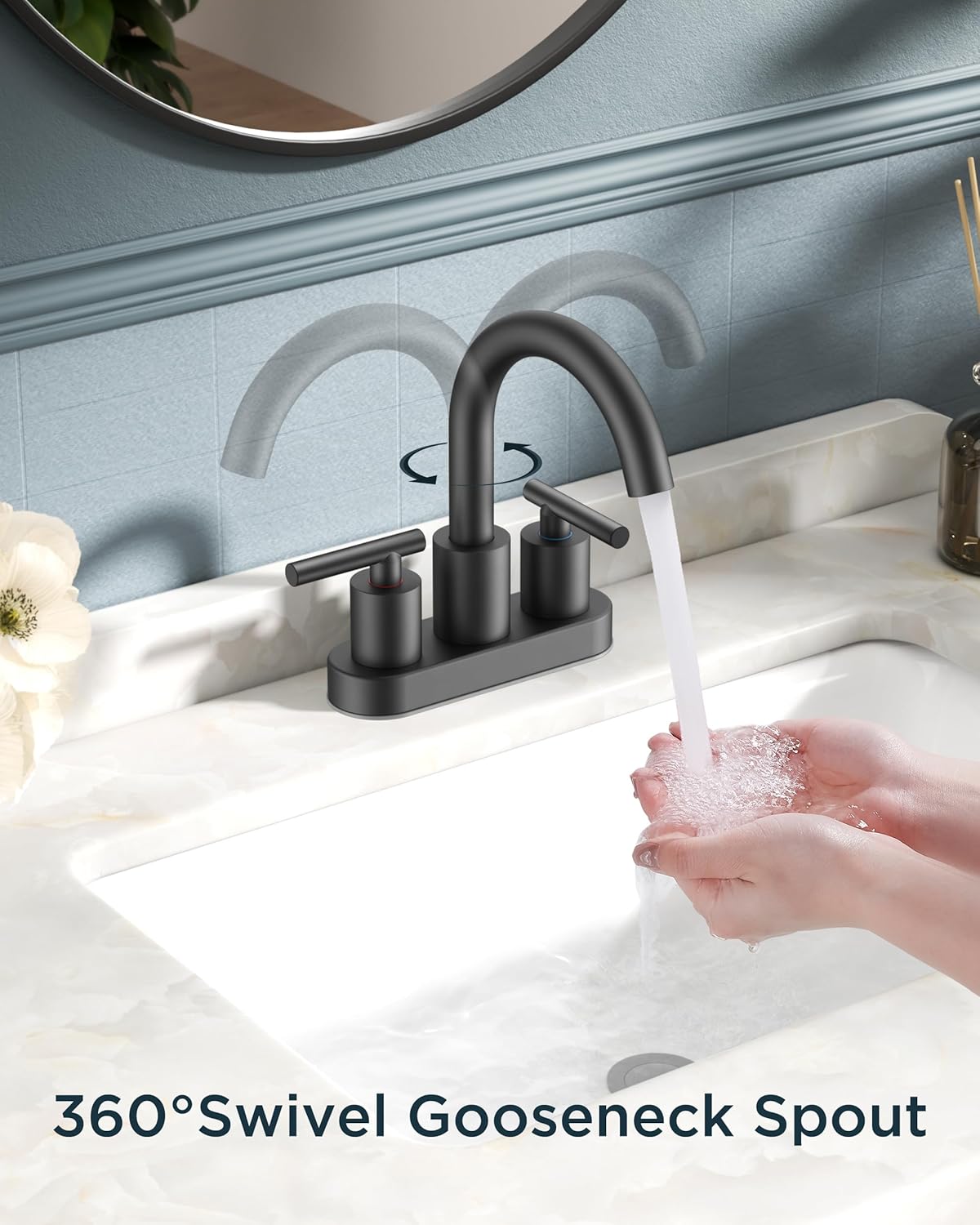 FORIOUS 4 Inch Centerset Bathroom Faucet Black 2 Hole, Two Handle Matte Black 4 Inch Faucet for Bathroom Sink Centerset with Metal Dain, Supply Line, and 360° Rotating Spout Rv Basin Tap