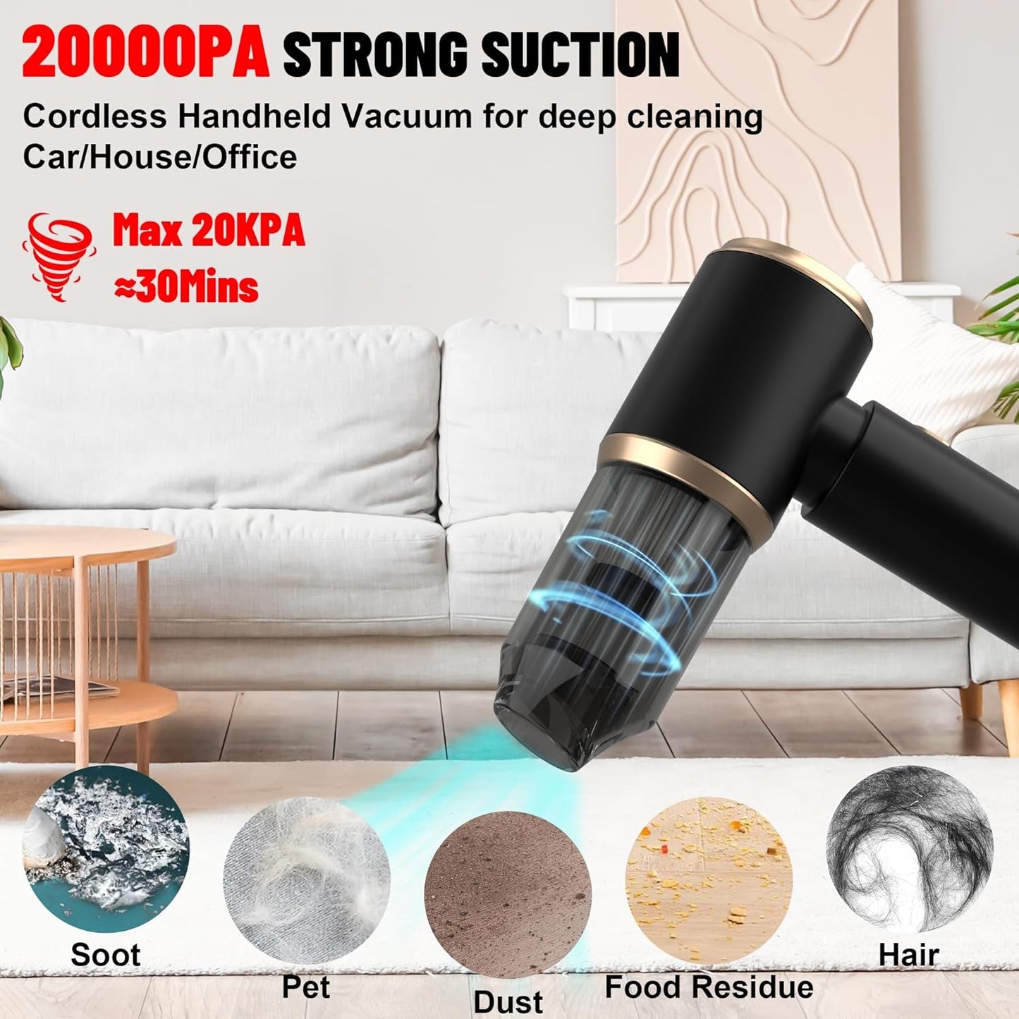 Handheld Car Vacuum Portable Cordless, 20000PA High Power 4 in 1 Vacuum Cleaner & Air Duster & Air Blower with 4000mAh Brushless Motor and Multi-Nozzles for Car (Black)