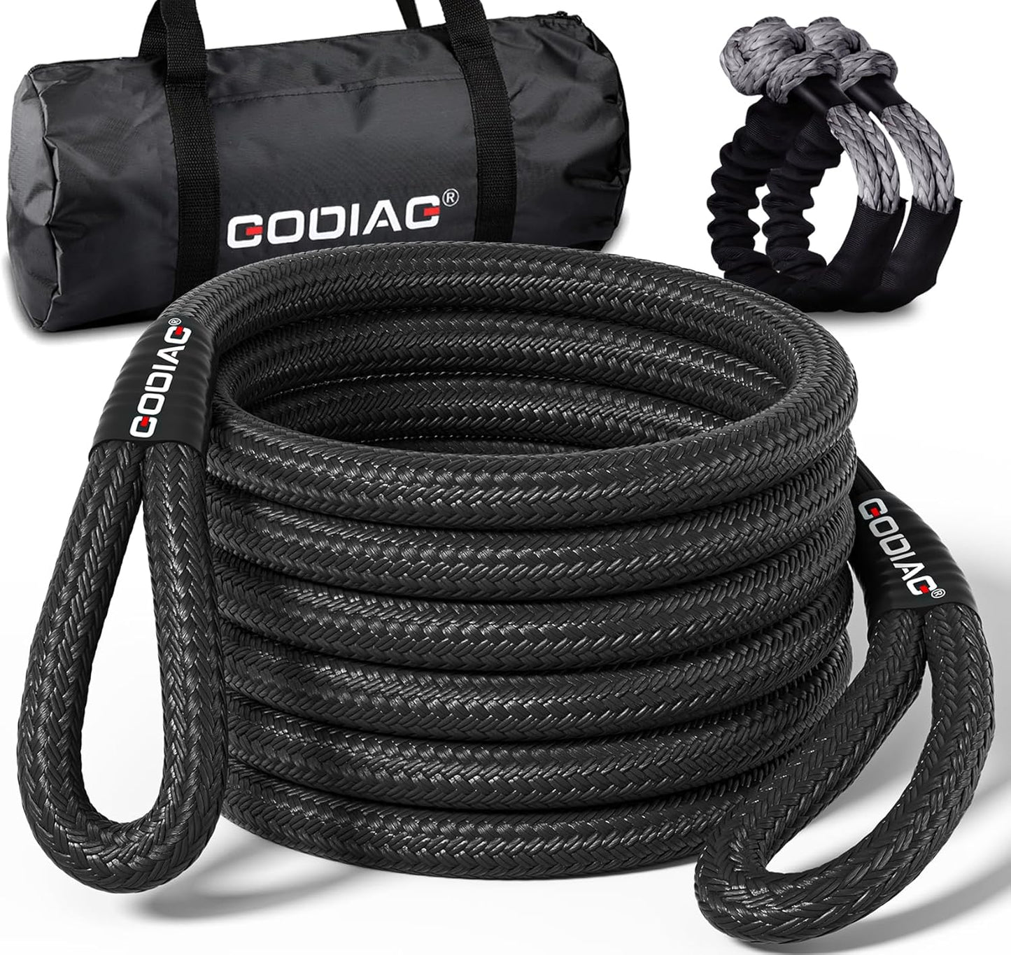 GODIAG 1"×30ft Kinetic Recovery Tow Rope (46500lbs) Heavy Duty Energy Rope with 2 Soft Shackles, 30% Elasticity Offroad Power Strap for Truck Jeep Car ATV UTV Tractor