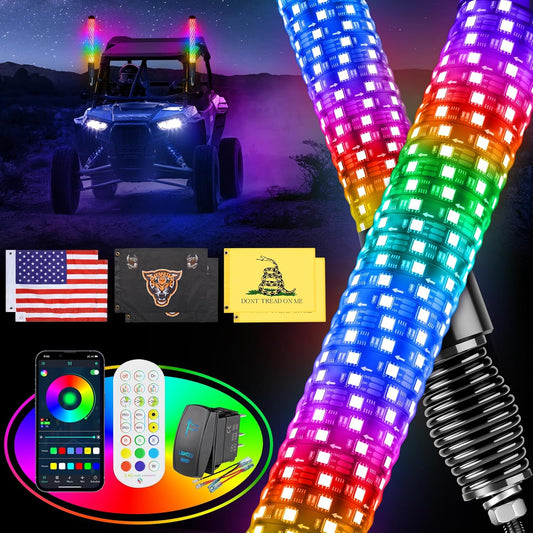 2PCS 2FT Fat Whip Lights for UTV ATV with Spring Base, Led Fatty Whip Light W/Rocker Switch & 6 Flags, Brighter Spiral Chasing Lighted Antenna Whip with APP & Remote Control for RZR SXS Can-Am