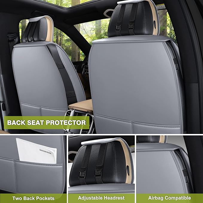 AOOG Leather Car Seat Covers, Leatherette Automotive Seat Covers for Cars SUV Pick-up Truck, Non-Slip Vehicle Car Seat Covers Universal Fit Set for Auto Interior Accessories, Full Set, Gray