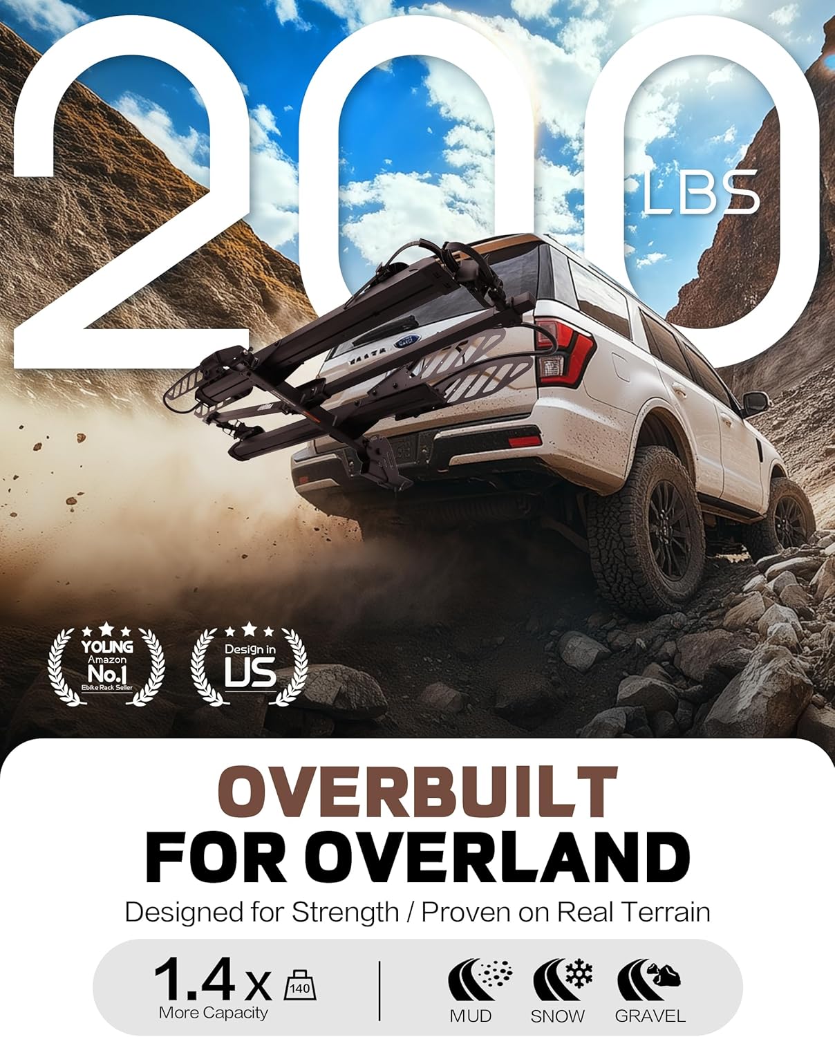 E-Bike Rack with Ramp, Hitch 2 Bike Rack, 200 lbs Capacity Electric Bike Carrier, Foldable Platform Mount for Cars, Trucks, SUVs, Minivans, Up to 5-Inch Fat Tire for 2'' Receiver