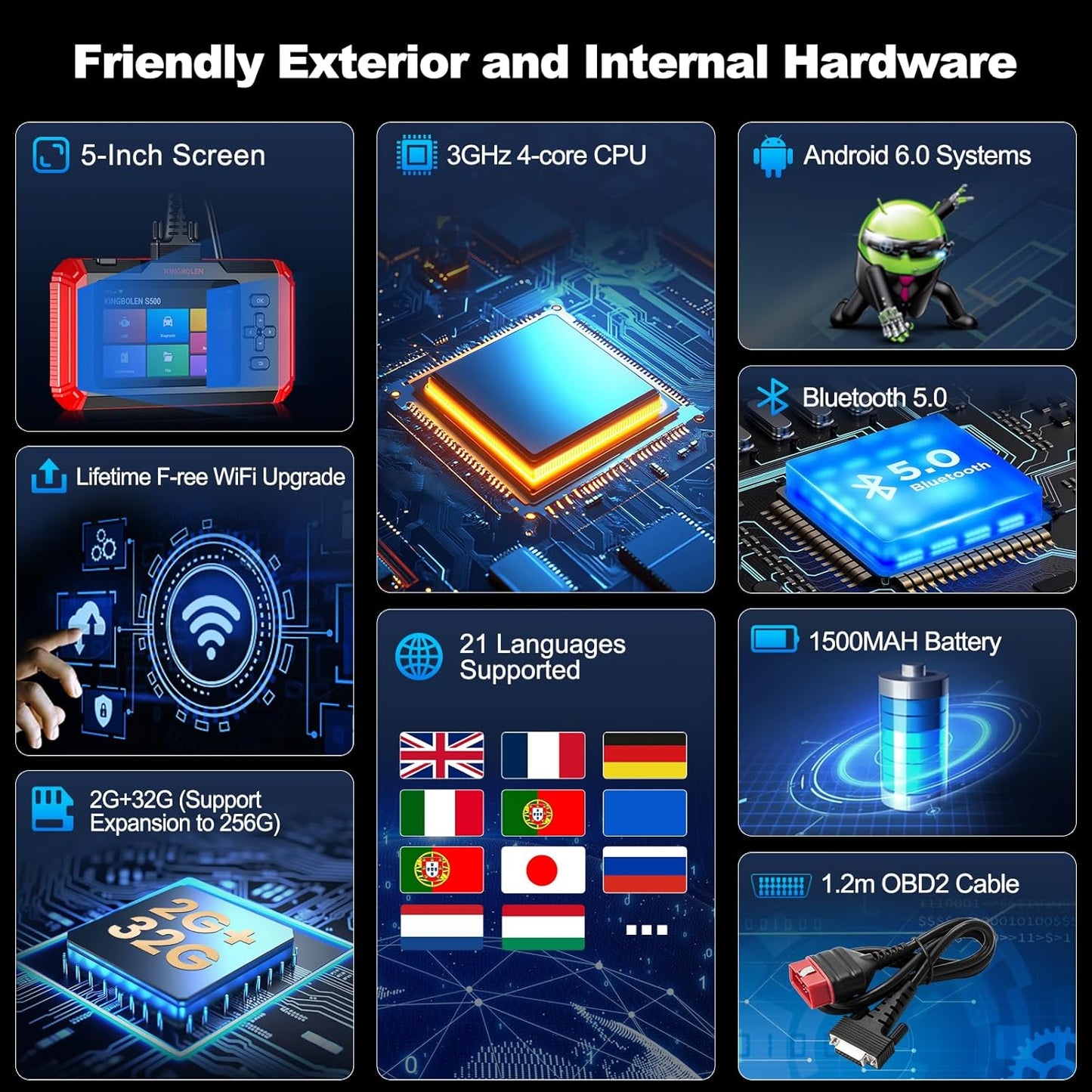 KINGBOLEN S500 OBD2 Scanner, ABS SRS Engine at Diagnostic Tool, Automotriz Code Reader with 6 Resets,Oil SAS, Brake,Throttle,FCA AutoAuth Automotive Scan Tool,AutoVIN All Cars Lifetime F-Ree Update