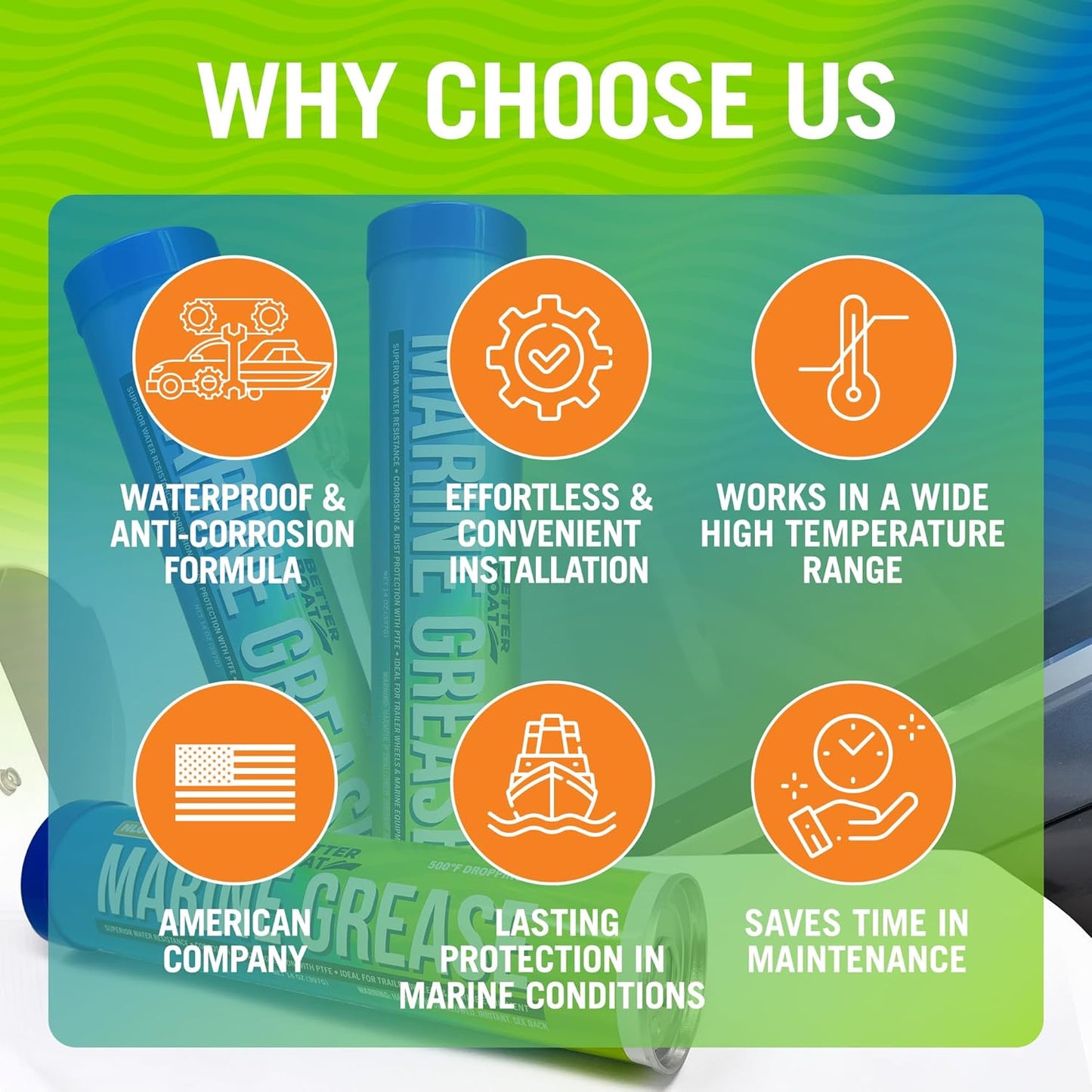 Better Boat Marine Grease Tube, 2 Pack 14 Oz, Waterproof High Temp Trailer Bearing Lubricant, NLGI 2, Compatible with Grease Guns