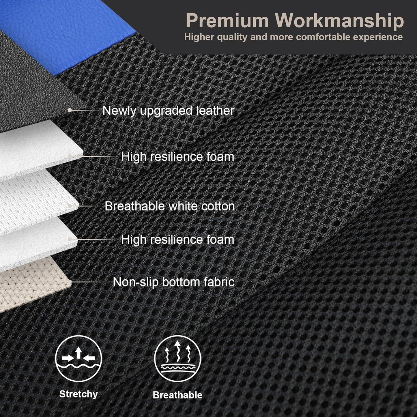 GIANT PANDA 2 Front Leather Car Seat Cover for Hyundai,3D Air Cool Mesh Thick Seat Covers Custom Fit Hyundai Sonata Elantra Santa Fe Tucson Accent Kona Palisade Genesis Venue Ioniq (Blue+Black)